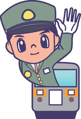 列車から手を上げる車掌
