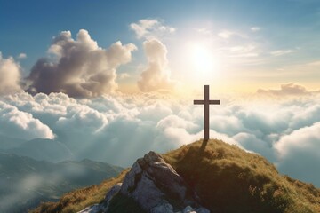 Christian cross on clouds with heavenly light, serene sky, peace and faith. Mountain showing heaven's gates. Generative AI