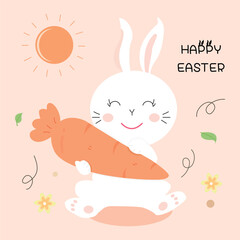 cute Cartoon rabbit  flower and carrot on orange background vector. Happy Easter card with cute cartoon bunny.