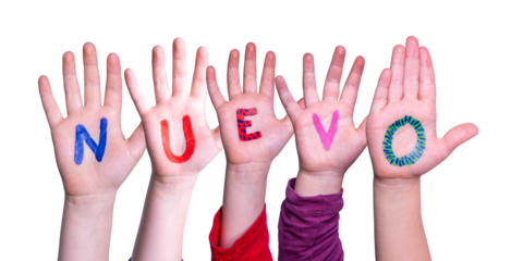 Children Hands Building Word Nuevo, Isolated Background