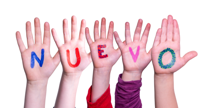 Children Hands Building Word Nuevo, Isolated Background