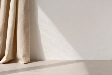 Neutral modern empty room with sunlight shadow, white blank wall background, beige linen curtain...