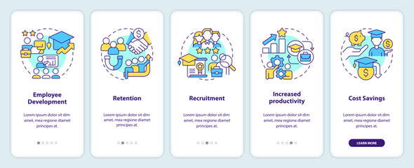 Tuition reimbursement benefits onboarding mobile app screen. Walkthrough 5 steps editable graphic instructions with linear concepts. UI, UX, GUI template. Myriad Pro-Bold, Regular fonts used