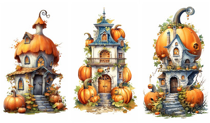 Watercolour fantasy Halloween pumpkin houses. Greeting cards and envelopes artwork project set 1.