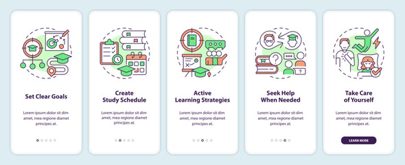 Improve academic performance onboarding mobile app screen. Walkthrough 5 steps editable graphic instructions with linear concepts. UI, UX, GUI template. Myriad Pro-Bold, Regular fonts used