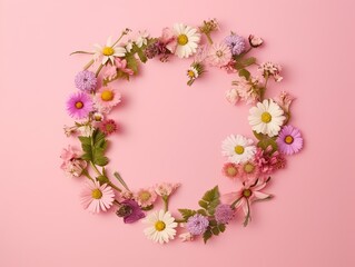Romantic Feminine Flatlay with Flower Wreath on Pink Background - AI generated