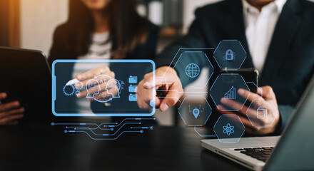 Man and woman using chat bot in smartphone intelligence Ai. Chat with AI Artificial Intelligence, developed by OpenAI generate. robot in online system. in modern office