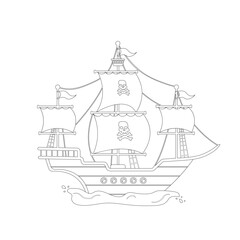 Wooden pirate ship for coloring book. Piracy black and white coloring page. Isolated vector outline illustration. Children education.