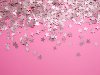 Silver Stars Glittering Confetti on Pink Background - AI generated