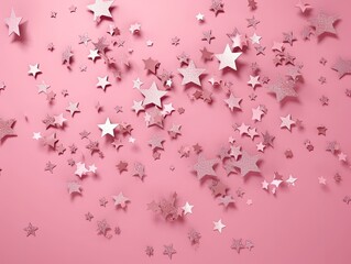 Silver Stars Glittering Confetti on Pink Background - AI generated