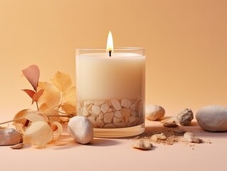 Fototapeta na wymiar Vanilla Burning Candle with Stones and Dry Flowers on Beige Background - AI generated
