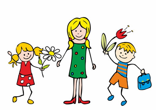 Teacher's day, cheerful vector illustration, female teacher with children, girl and boy with flowers, three characters, template