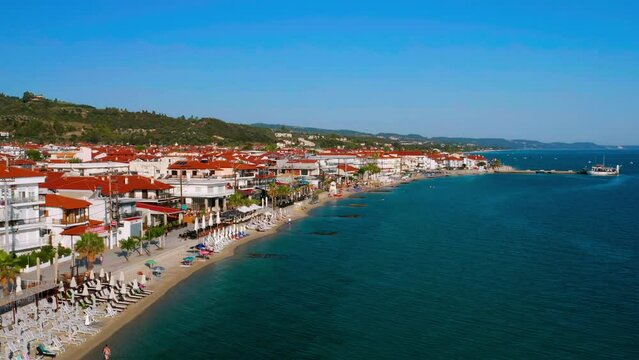 Panorama of Pefkohori (Pefkochori) - small, beautiful tourist village by the sea on Kassandra peninsula, Halkidiki (Chalkidiki), Greece