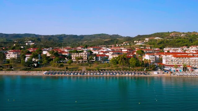 Panorama of Hanioti (Chaniotis or Chanioti) - small, beautiful tourist village by the sea on Kassandra peninsula, Halkidiki (Chalkidiki), Greece