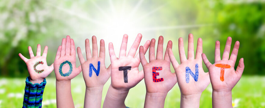 Children Hands Building Word Content, Grass Meadow
