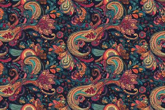 seamless background with traditional Indian paisley pattern. Oriental ornament. Generative AI illustration