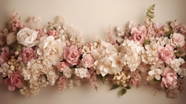 Charming photorealistic wedding floral background with enchanting garland luxurious floral mixture. Festive delicate wallpaper texture. Generative AI. 