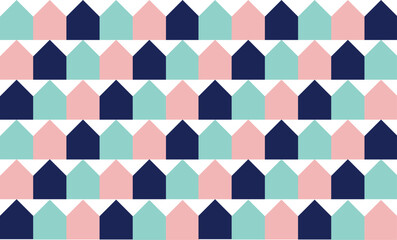 seamless geometric arrow house pattern with green blue and pink repeat horizontal strip style, replete image design for fabric printing

