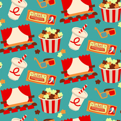 A pattern of retro movie elements. Screen, popcorn, 3d glasses, ticket, soda. Cinematic junk food while watching a movie. Printing on textiles and paper. Packaging for movie theaters in cartoon style