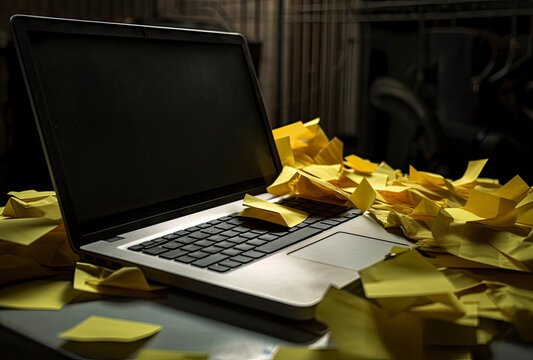 A laptop with yellow notes stuck on and around it. generative ai.