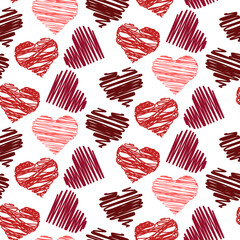 A pattern from a pencil stroke drawing. Colored doodles. The texture of a sketch drawn by hand with pen lines. Transverse or parallel hatching. Red strokes in the heart on a white background