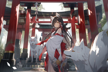 Japanese shrine maiden and red torii gate, Generative AI