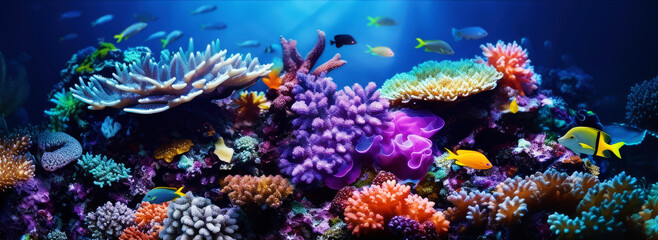 marine life. colorful underwater coral reef with fish. banner. generative AI