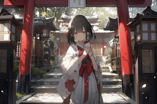 Japanese shrine maiden and red torii gate, Generative AI