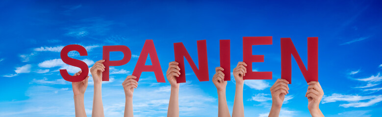 People Hands Building Word Spanien Means Spain, Blue Sky