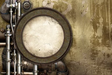 Fotobehang Vintage steampunk backdrop with round frame, pipes on stucco wall. Open space with concrete wall and pipelines. Copy space for text. Grunge interior retro background © frenta