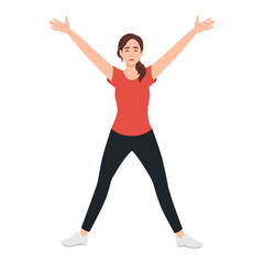 You are welcome! Cheerful woman gesturing welcome sign and smiling while standing against wall. Flat vector illustration isolated on white background