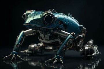 A frog-like robot with blue eyes. Generative AI