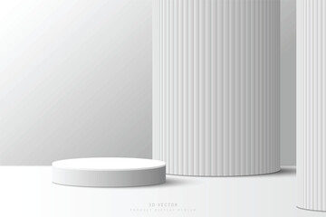 Luxury 3d white gray cylinder podium pedestal realistic with huge pillar or pole background. Minimal scene for product display or mockup. 3d vector rendering design. stage for product presentation.