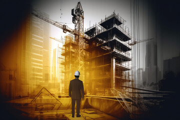 illustration digital building construction engineering with double exposure graphic design. Building engineers, architect people or construction workers working, generative AI