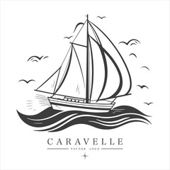 Caravelle on the water Logo vintage emblem. Old retro vector illustration marine navy icon.