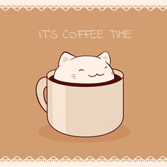 Square retro card with cute animal in cup in kawaii style. Vintage style card with lovely little cat in cup. Can be used for t-shirt print, stickers, greeting card design