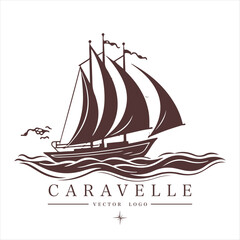 Caravelle on the water Logo vintage emblem. Old retro vector illustration marine navy icon.