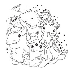 Black and white pattern with aliens for coloring. Cute monsters friends. Coloring page with fantasy characters for children and adults. Coloring book anti-stress. Vector illustration EPS8