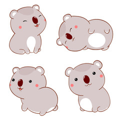 Set of cute fat cartoon koalas in kawaii style. Collection of lovely koala baby in different poses