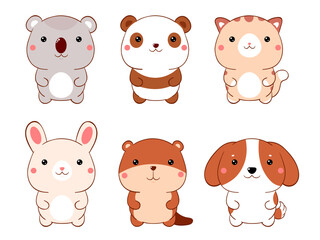 Set of cute fat cartoon animals in kawaii style. Collection of lovely animal baby. Funny dog, cat, panda, beaver, koala, bunny. Vector illustration EPS8