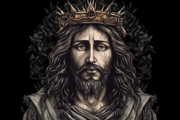 Jesus Christ Tattoo ,Jesus Christ wearing a crown of thorns. Symbol of Christianity, prayer, religion t-shirt design. digital art, generative AI
