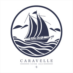 Caravelle on the water Logo vintage emblem. Old retro vector illustration marine navy icon.
