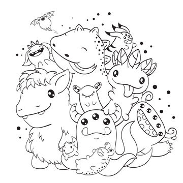Black and white pattern with aliens for coloring. Cute monsters friends. Coloring page with fantasy characters for children and adults. Coloring book anti-stress. Vector illustration EPS8