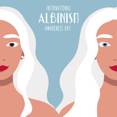 International Albinism Awareness Day, June 13,. Silhouette of two albino women on a blue background. A banner for solidarity with people suffering from albinism. Human rights. Stylized vector graphics