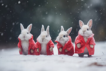 Little tiny bunnies dressed up as Santa Claus on snowing Christmas festive background, generative AI