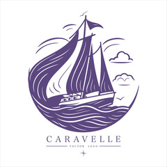 Caravelle on the water Logo vintage emblem. Old retro vector illustration marine navy icon.