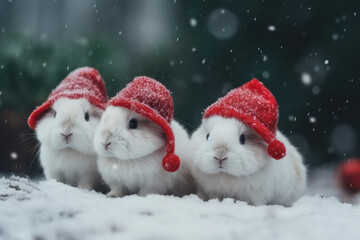 Little tiny bunnies dressed up as Santa Claus on snowing Christmas festive background, generative AI