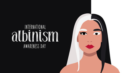 June 13 is the International Albinism Awareness Day. A woman with partial albinism with straight hair. Call for solidarity with people suffering from albinism. Stylized black and white vector graphics