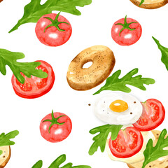 Seamless pattern from bagel, sandwich with egg, tomatoes and herbs. Hand drawn watercolor illustration on white background. Template for design menu, textiles, printing, packaging.