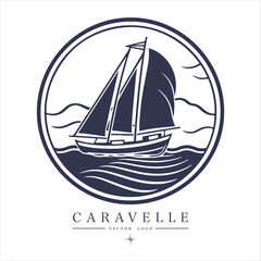Caravelle on the water Logo vintage emblem. Old retro vector illustration marine navy icon.